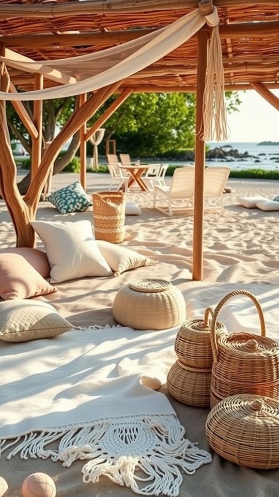 Cozy beach picnic area with pillows, blankets, and wicker baskets, set up by the shore.