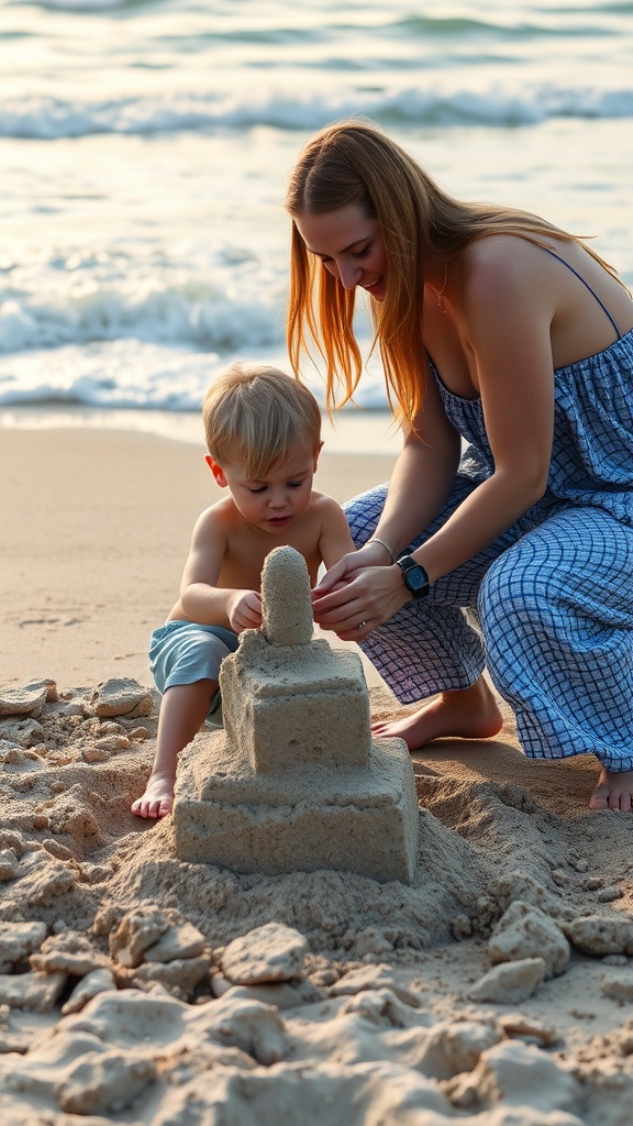 A mother and son enjoying a day at the beach, building a sandcastle together.