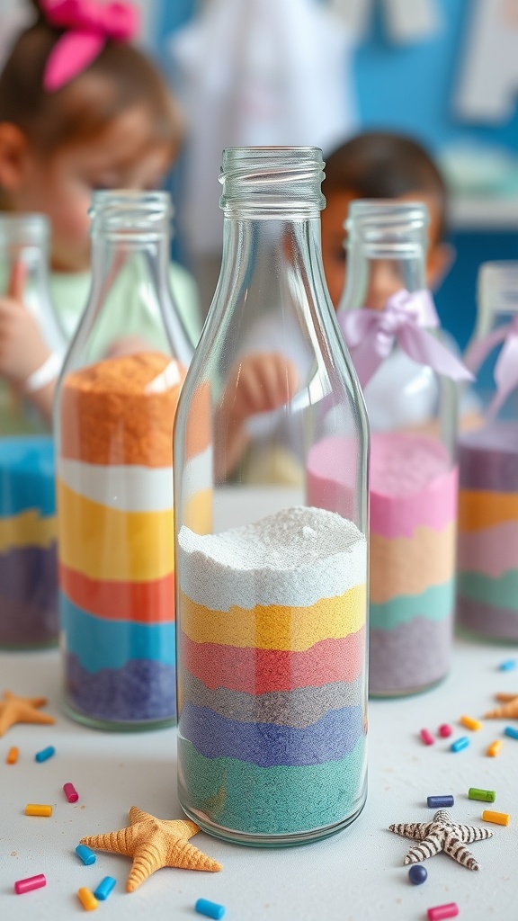 Colorful sand art bottles filled with layers of sand, starfish, and beads on a table.
