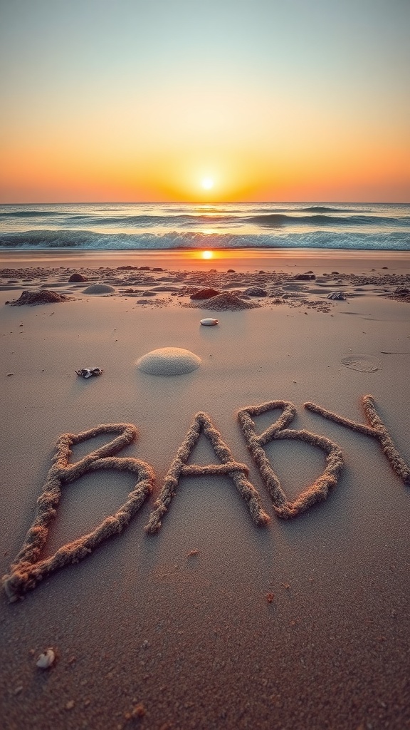 A beach at sunset with the word 'BABY' written in sand.