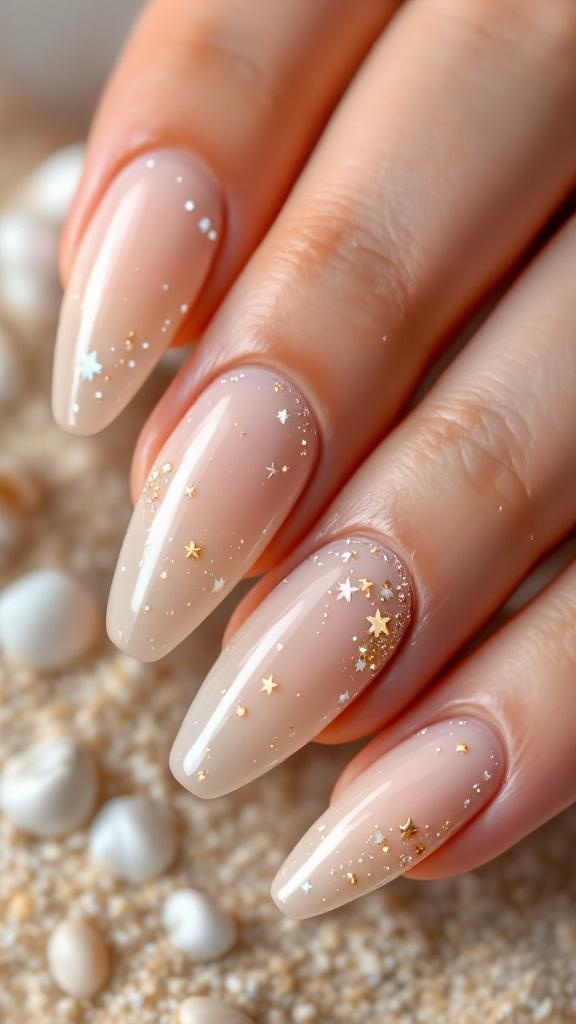 Close-up of short nails with beach sand texture, featuring seashells and gems.