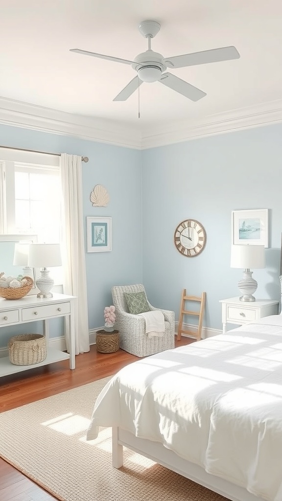 A beach-themed bedroom with soft blue walls, white furniture, and nautical decor.