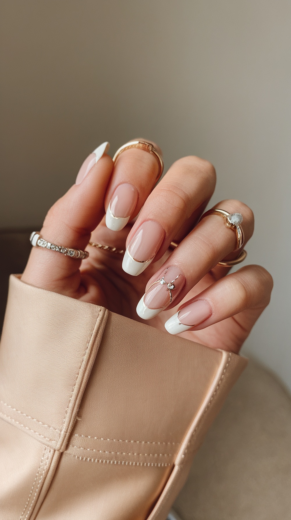 Close-up of manicured nails with French tips and gold rings, set against a soft background.