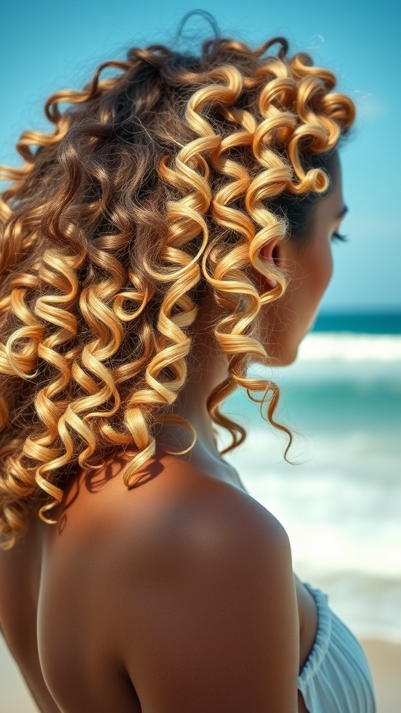 A woman with curly hair styled in beach waves, standing by the ocean.