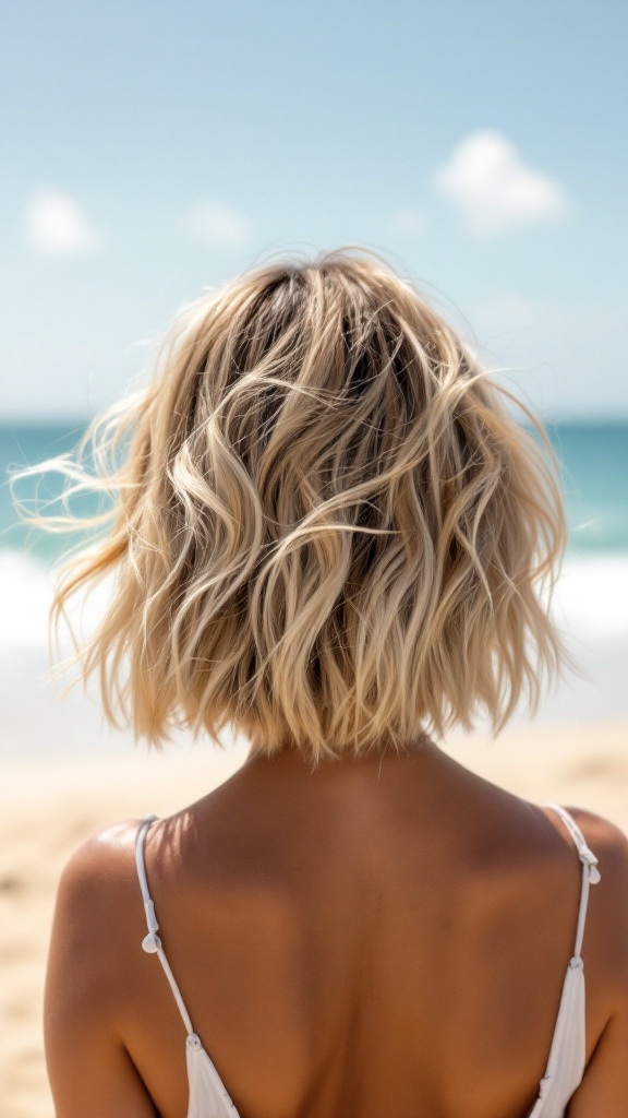 A woman with a messy bob hairstyle standing at the beach, showcasing beachy waves.