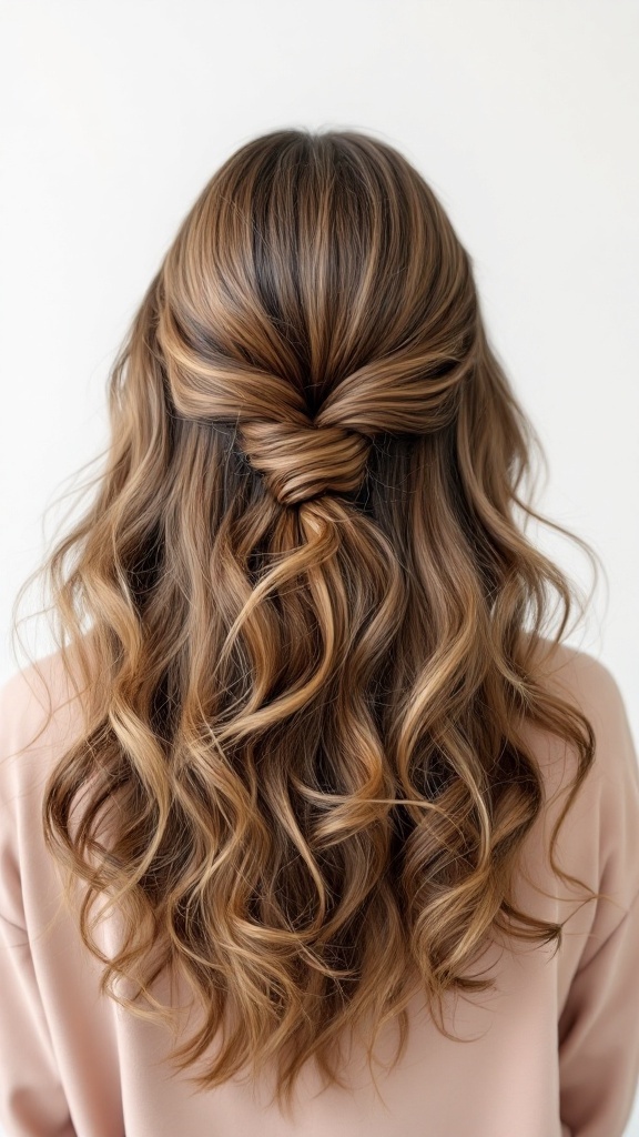 Long curly hair styled in beach waves with a twist at the back