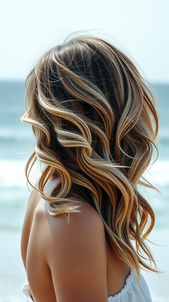 A person with beachy waves hairstyle and bangs standing by the ocean.
