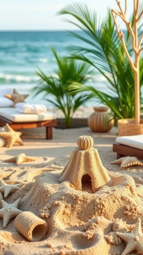 A sandy beach setting with a detailed sandcastle, palm trees, and beach chairs in the background.