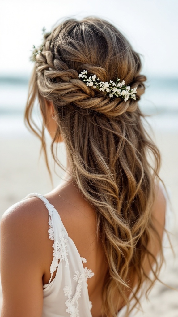 A beautiful beachy braided crown hairstyle adorned with flowers on a sunny beach.