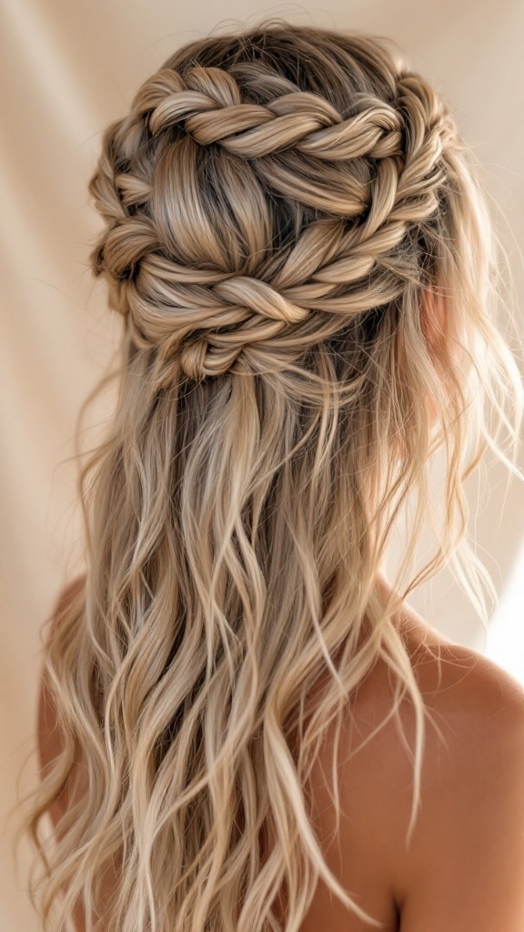 A beautiful beachy braided crown hairstyle with loose waves