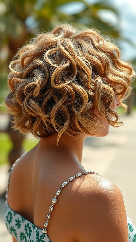 A woman with a short curly bob hairstyle, showcasing beachy curls, standing outdoors with palm trees in the background.