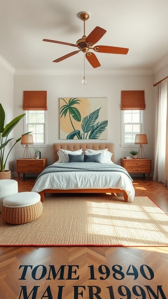 A tropical bedroom with a woven rug, wooden furniture, and palm leaf artwork on the wall.
