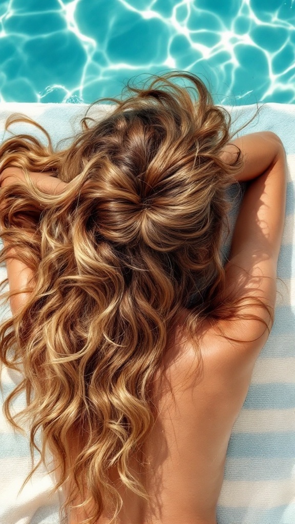 A woman with beachy blonde curls relaxing by a pool
