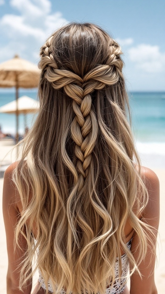 A woman with long hair styled in a beachy half-braid, showcasing waves and braids against a beach backdrop.