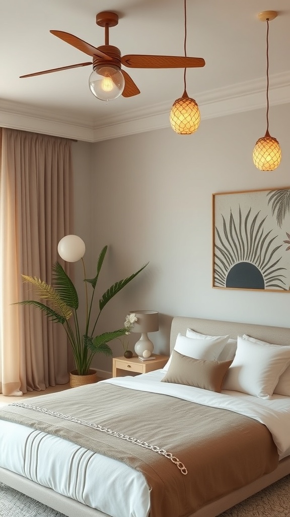 A tropical bedroom featuring a ceiling fan with wooden blades and pendant lights wrapped in netting, creating a beachy atmosphere.