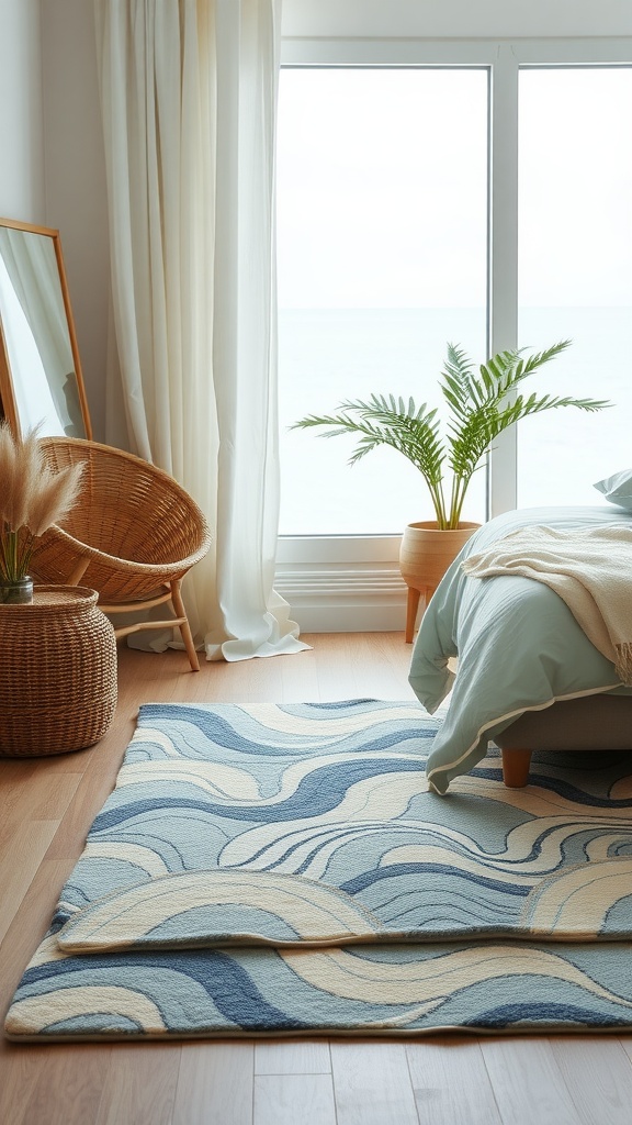 A cozy beach-themed bedroom featuring a wave-patterned rug, a bed with light bedding, a plant by the window, and a wicker chair.