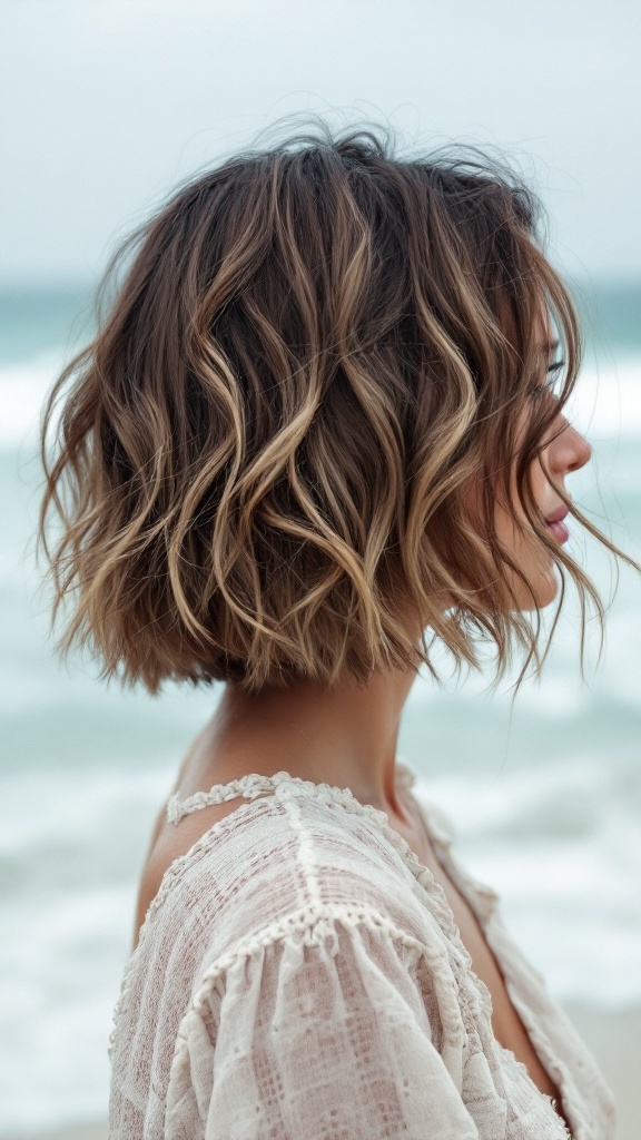 A woman with beachy short hair styled with a claw clip, standing by the sea.