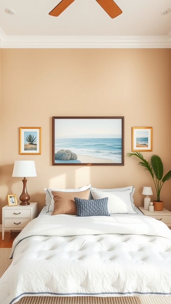 A cozy beach-themed bedroom with beige walls, ocean artwork, and inviting bedding.