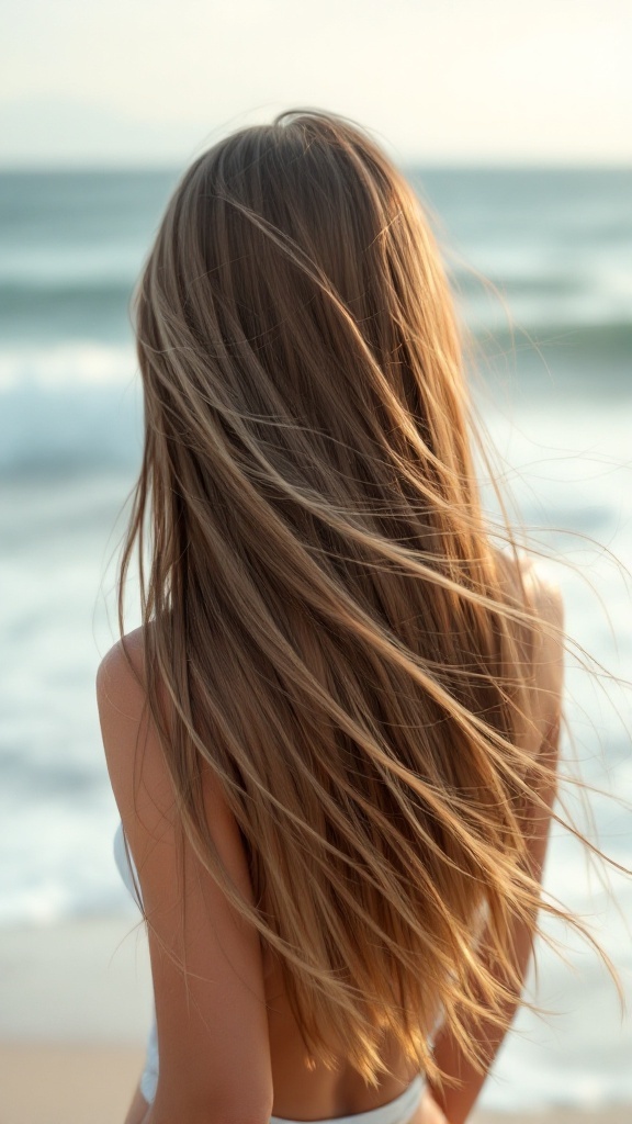 A woman with long, straight hair blowing in the wind at the beach