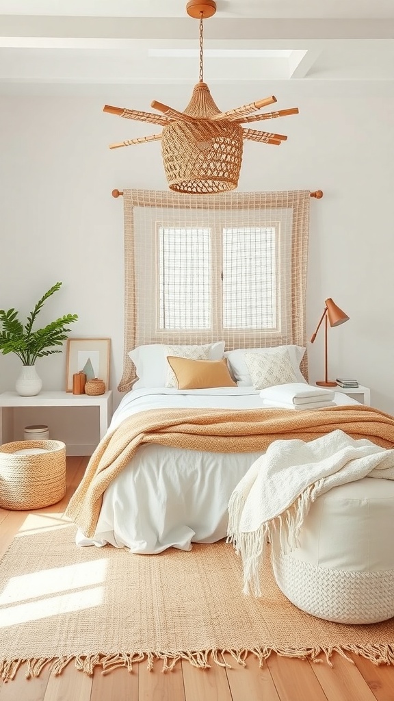 A cozy summer bedroom featuring a white bed with warm textured blankets, a woven pendant light, and natural decor elements.
