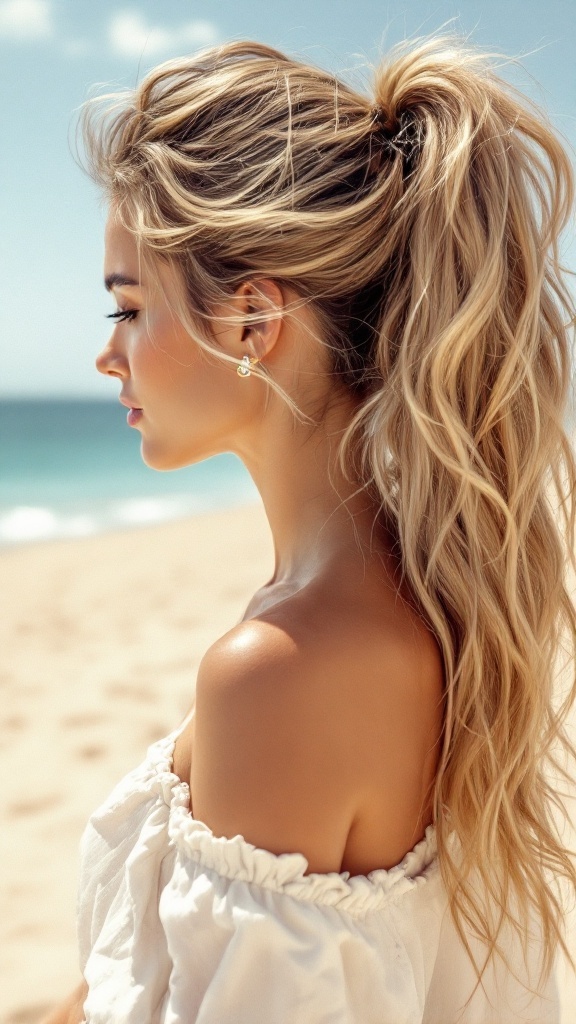 A woman with beachy waves styled in a ponytail, standing on a sandy beach.