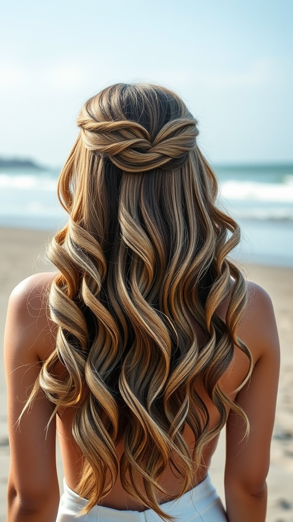 A hairstyle featuring beachy waves with a center part, viewed from the back at the beach.