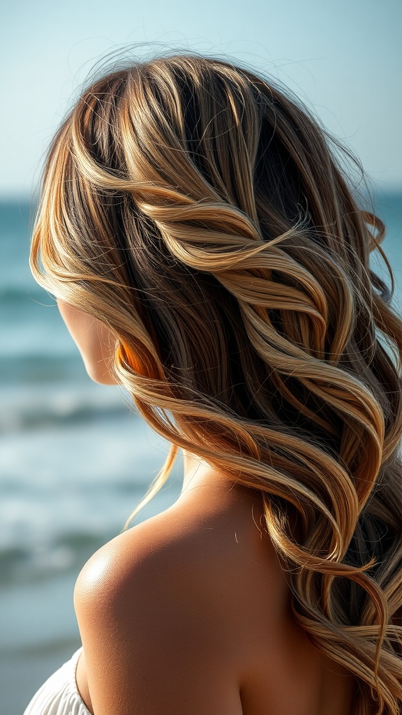 A woman with long, wavy hair styled in beachy waves, viewed from the back near the ocean.