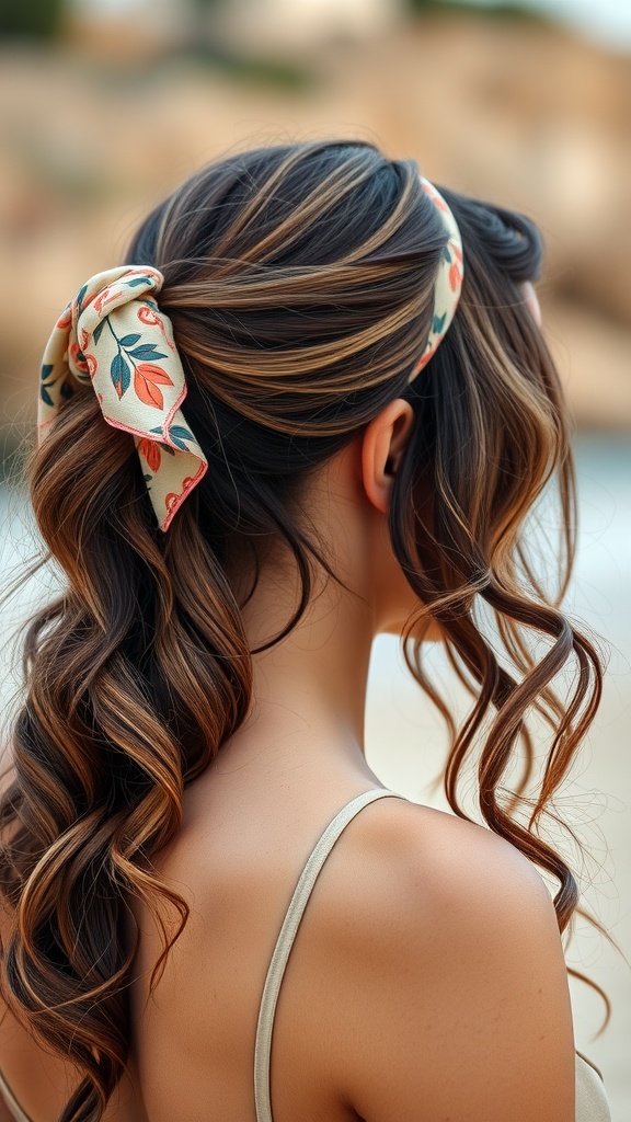 A woman with beachy waves styled with a floral fabric headband, showcasing a relaxed hairstyle ideal for summer.