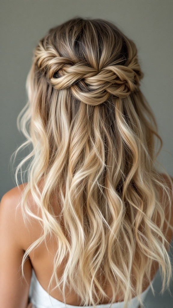 Half up half down hairstyle with beachy waves and twisted sections