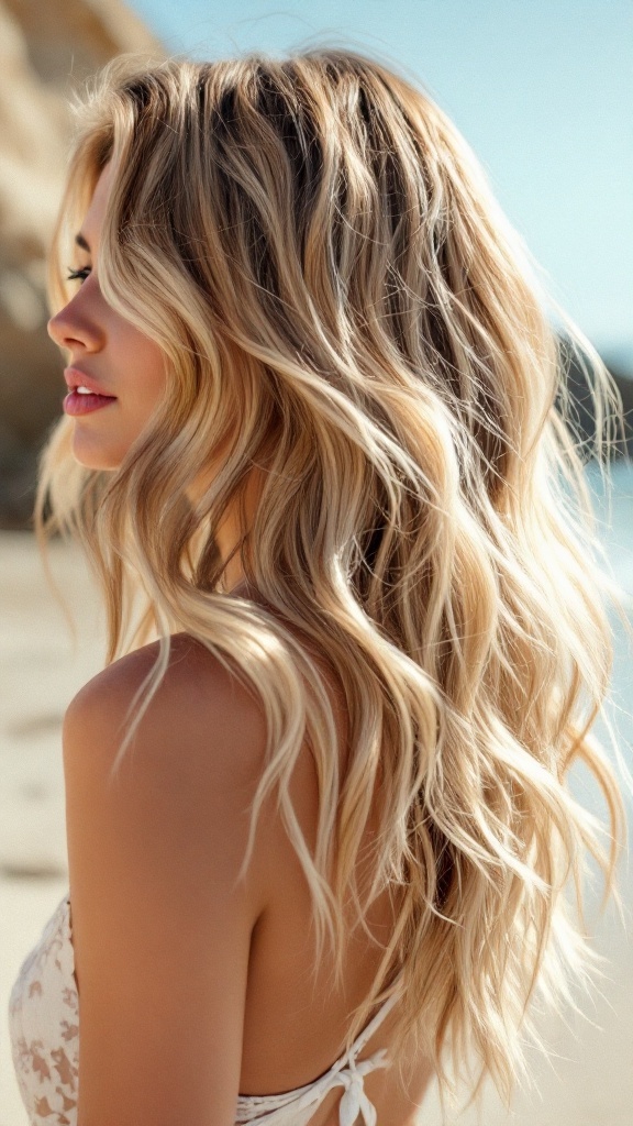 A woman with medium hair styled in beachy waves and highlights, standing by the beach.