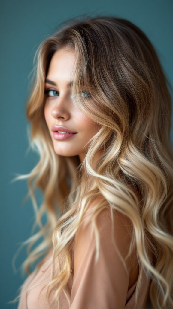 A woman with light brown hair styled in beachy waves, featuring blonde highlights.