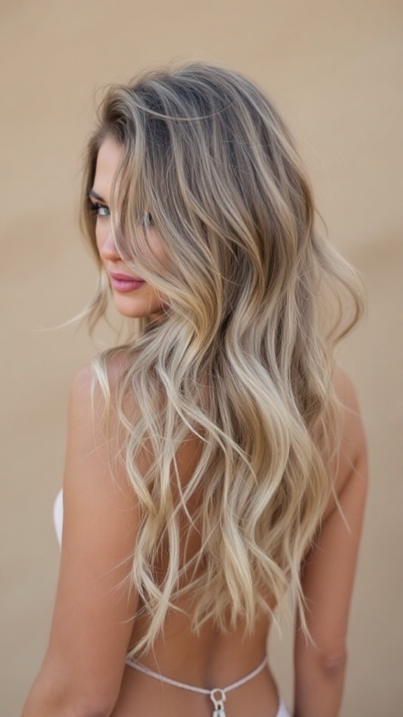 A person with long hair styled in beachy waves and a side part, looking effortlessly chic