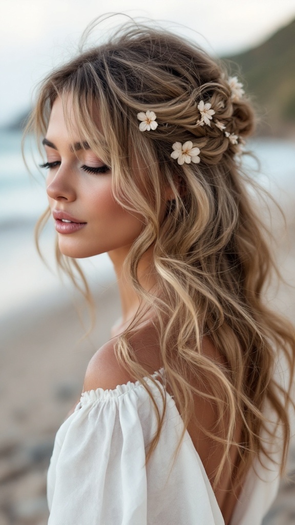 Bride with beachy waves and tousled bangs, adorned with flowers, at the beach