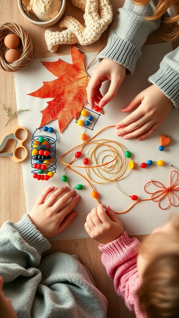 Children creating bead and wire sculptures on a table filled with colorful materials.