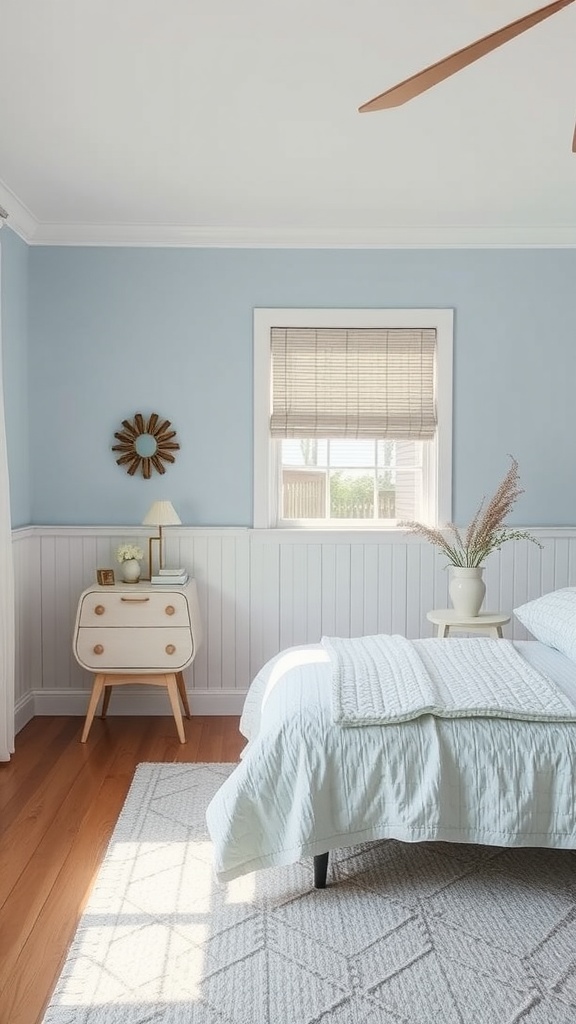 A cozy bedroom featuring beadboard wainscoting, light blue walls, and modern furniture.