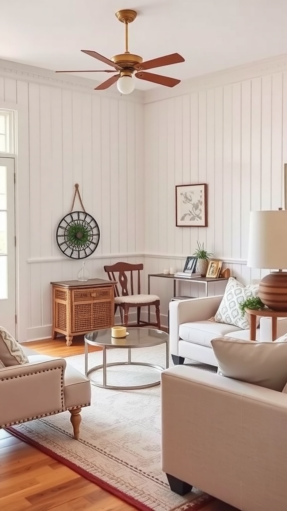 A cozy living room featuring beadboard wainscoting, light furniture, and a ceiling fan.