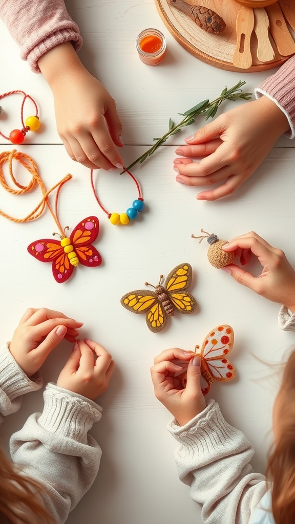 Children crafting colorful beaded butterfly keychains