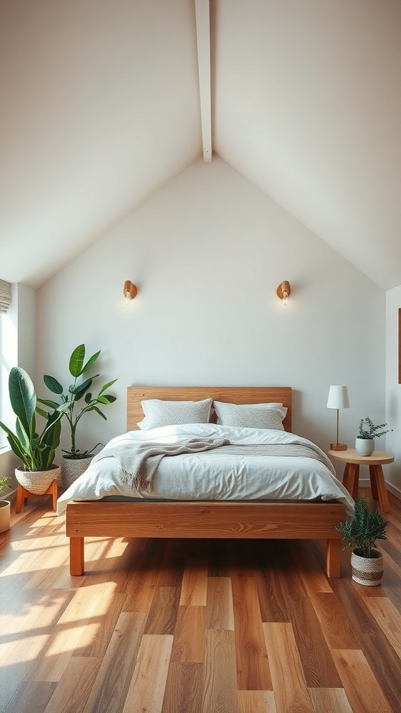 A cozy loft-style bedroom featuring a raised platform bed with wooden frame, surrounded by plants and warm lighting.