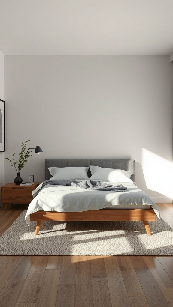 L-shaped bedroom with a bed centered against the wall, natural light, and simple decor