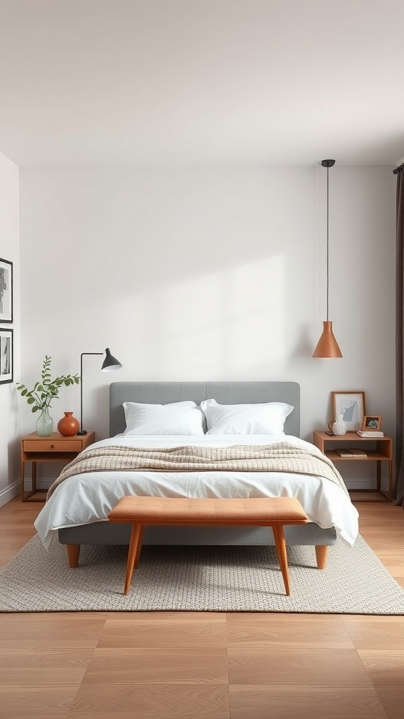 Cozy small square bedroom with a bed, nightstands, and stylish lighting.