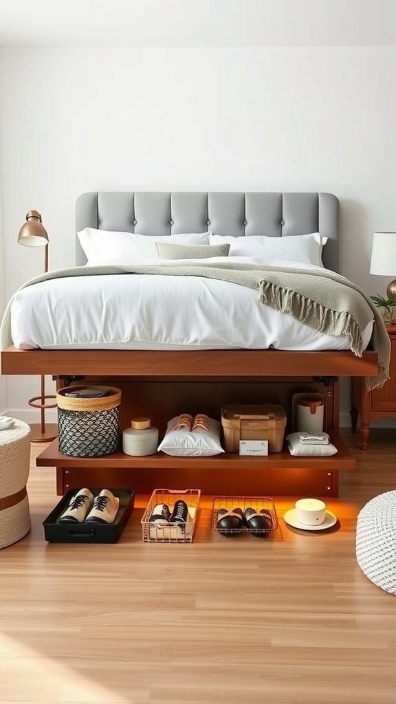 A neatly organized under-bed storage area with shoes, baskets, and decorative items, showcasing the use of bed risers.
