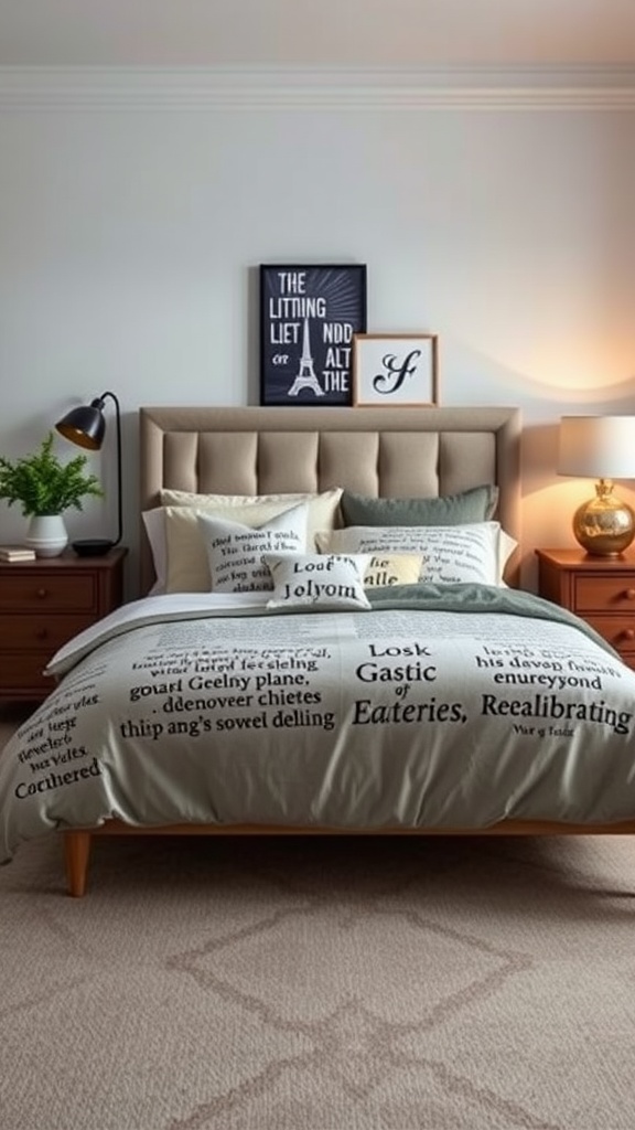 Cozy bedroom with bedding featuring literary quotes and a modern design.