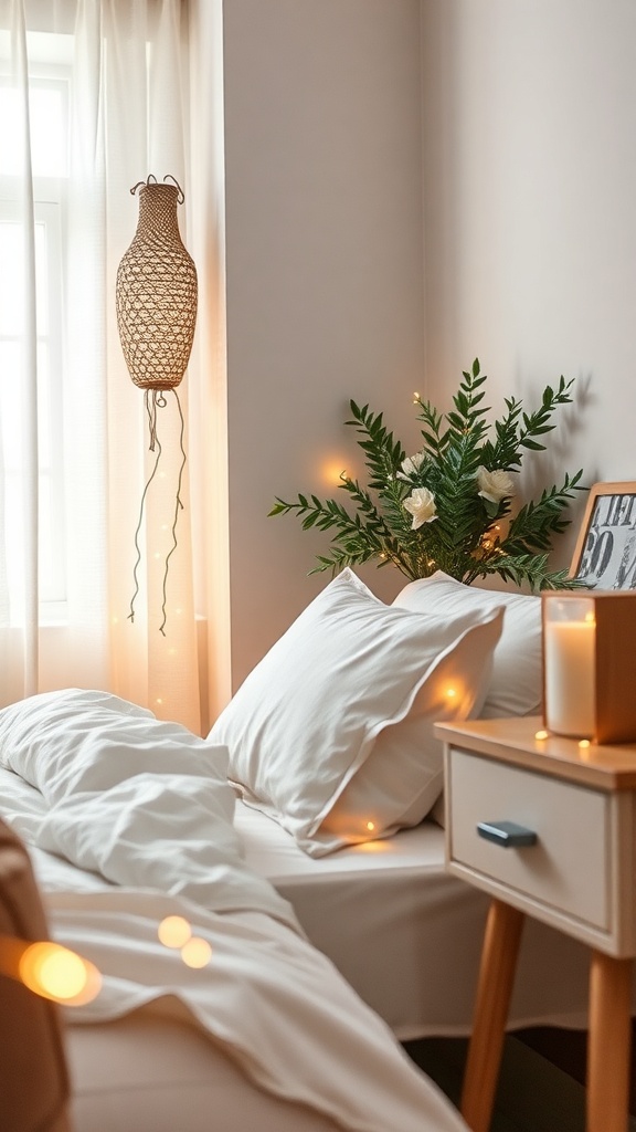 A cozy bedroom with a bedside table featuring fairy lights, a candle, and decorative plants.
