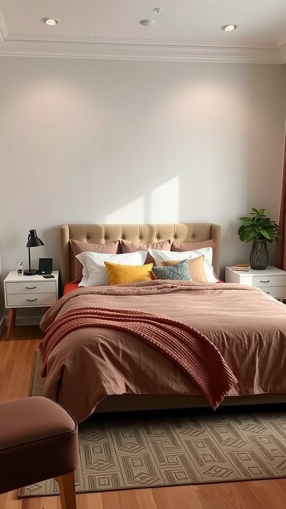 A cozy bedroom featuring a king bed with bedside tables that have hidden storage