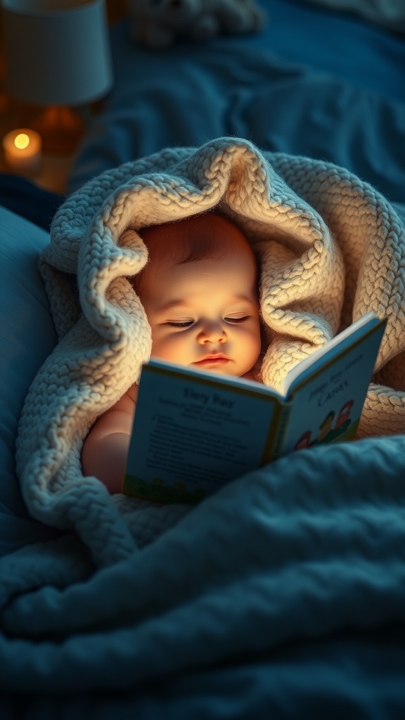 A baby wrapped in a cozy blanket, reading a storybook in a softly lit room.