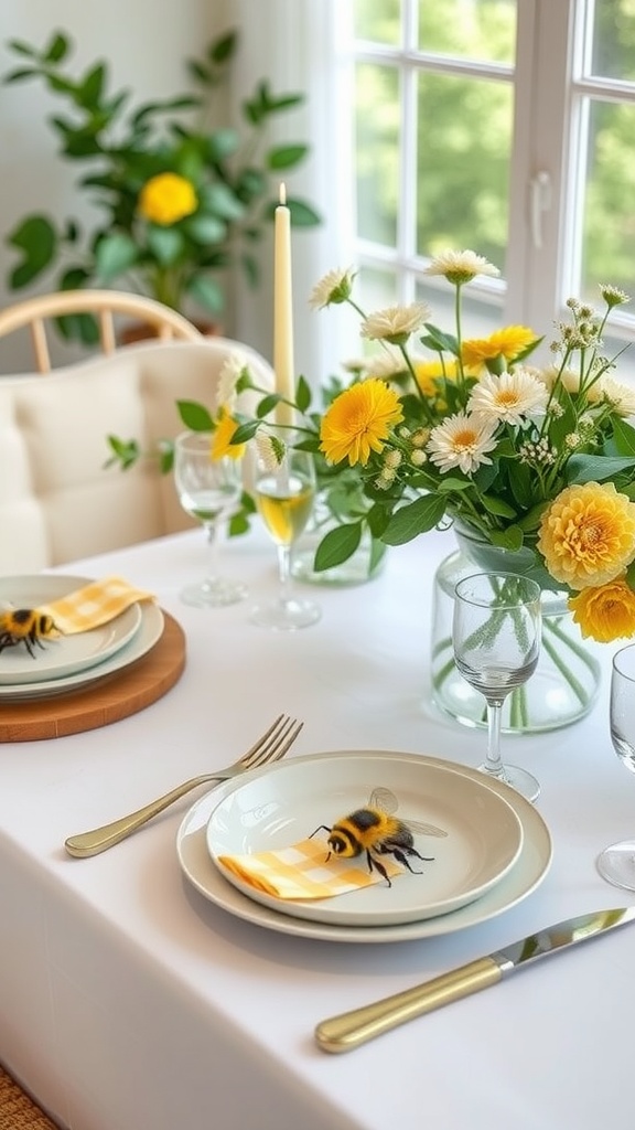 A table setting for a bee-themed baby shower featuring plates with bee designs, yellow flowers, and decorative accents.