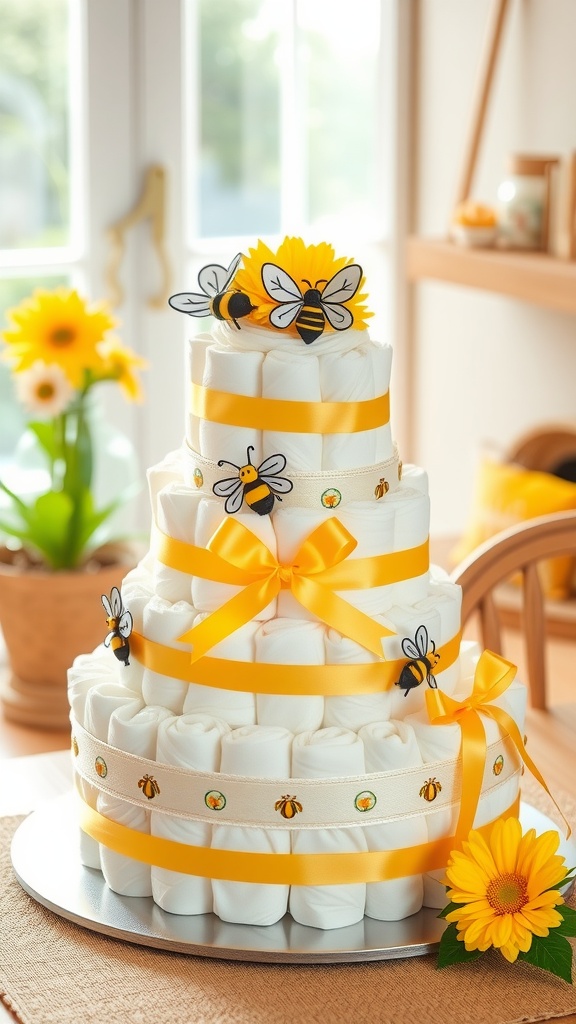 A decorative diaper cake styled with yellow ribbons, bee decorations, and sunflowers, set on a table.