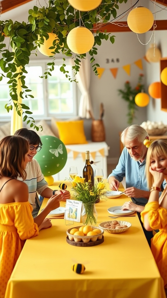 A lively gathering at a bee-themed baby shower with guests enjoying activities and decorations