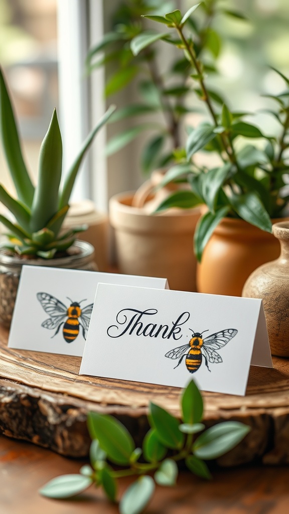 Bee-themed thank you cards displayed with plants