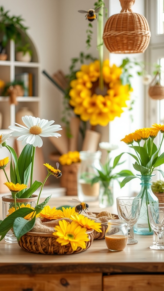 Craft station with flowers and bee-themed decorations for a baby shower.